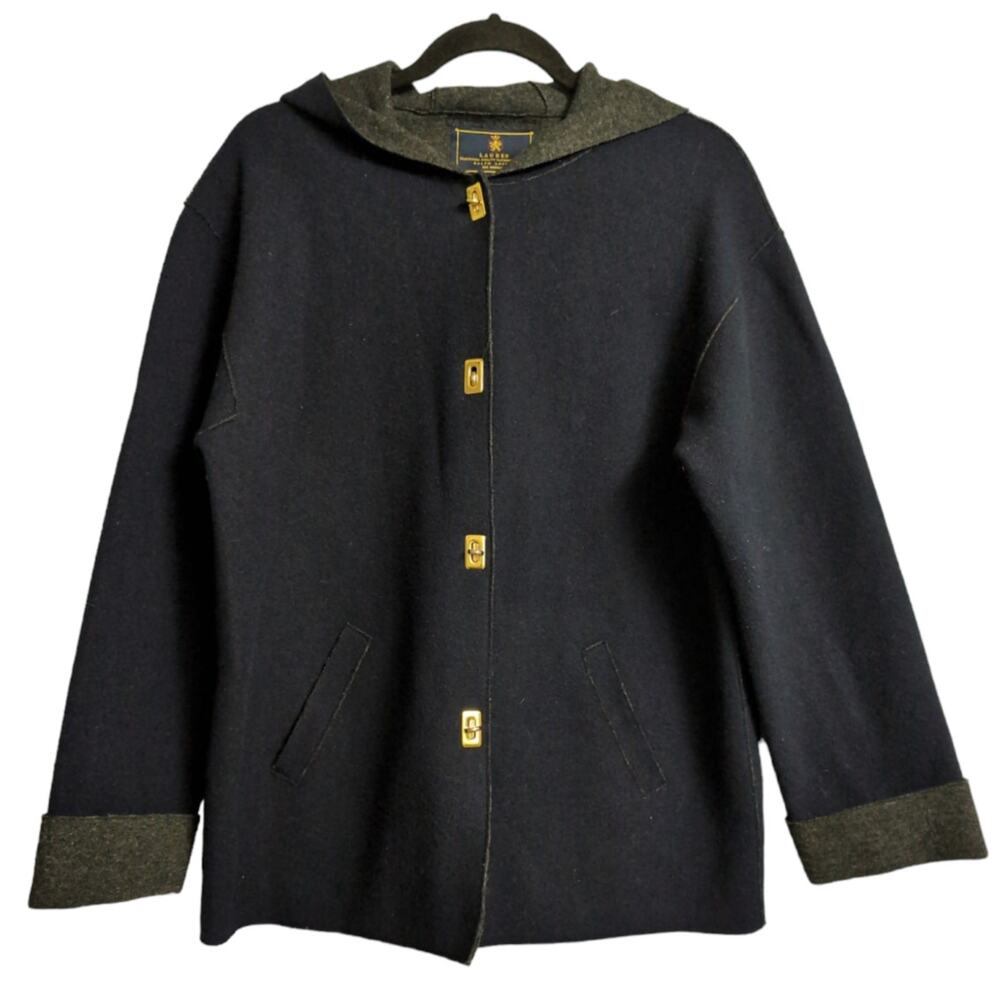 Ralph Lauren Navy Blue Wool Blend Toggle Hood Jacket Coat Long Sleeve Hoodie P/M - Picture 1 of 8